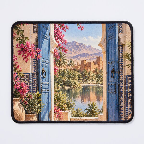 Item preview, Maximalist Moroccan Courtyard Oil Painting Blue Arch designed and sold by Jozefin's Studio.