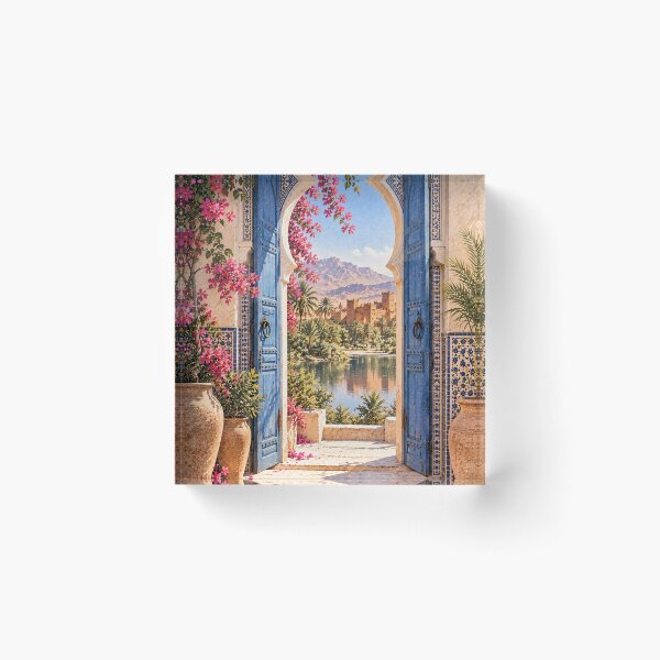 Item preview, Maximalist Moroccan Courtyard Oil Painting Blue Arch designed and sold by Jozefin's Studio.