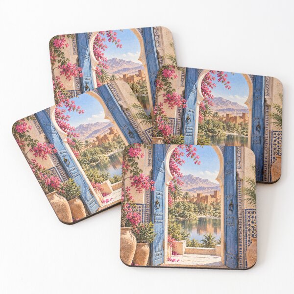 Item preview, Maximalist Moroccan Courtyard Oil Painting Blue Arch designed and sold by Jozefin's Studio.