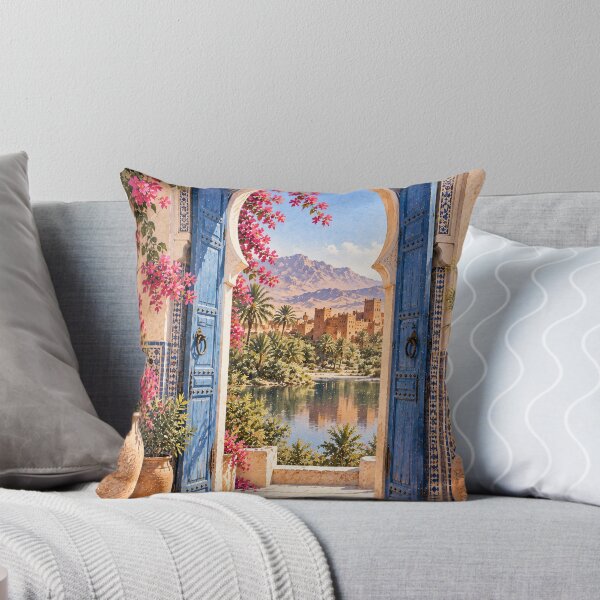 Item preview, Maximalist Moroccan Courtyard Oil Painting Blue Arch designed and sold by Jozefin's Studio.