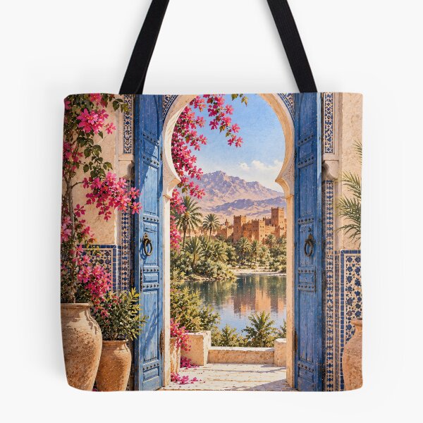 Item preview, Maximalist Moroccan Courtyard Oil Painting Blue Arch designed and sold by Jozefin's Studio.