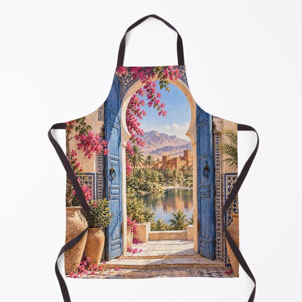 Item preview, Maximalist Moroccan Courtyard Oil Painting Blue Arch designed and sold by Jozefin's Studio.