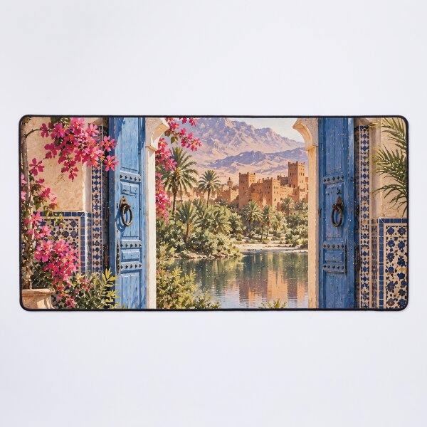 Item preview, Maximalist Moroccan Courtyard Oil Painting Blue Arch designed and sold by Jozefin's Studio.