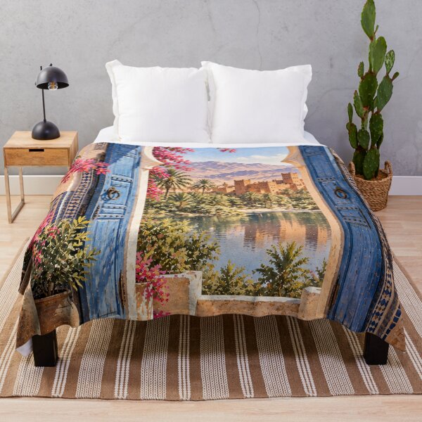 Item preview, Maximalist Moroccan Courtyard Oil Painting Blue Arch designed and sold by Jozefin's Studio.