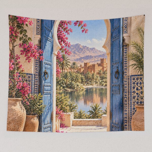 Item preview, Maximalist Moroccan Courtyard Oil Painting Blue Arch designed and sold by Jozefin's Studio.