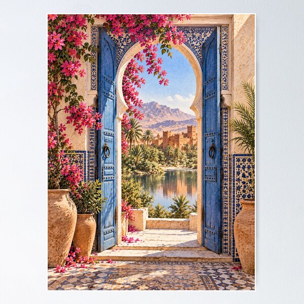 Item preview, Maximalist Moroccan Courtyard Oil Painting Blue Arch designed and sold by Jozefin's Studio.