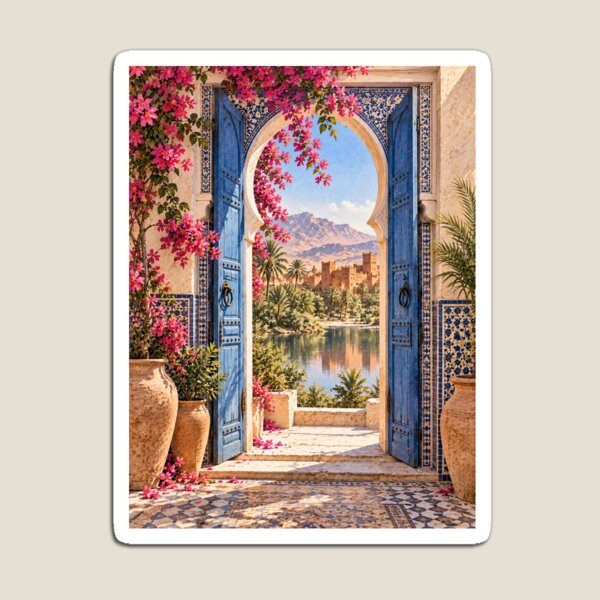 Item preview, Maximalist Moroccan Courtyard Oil Painting Blue Arch designed and sold by Jozefin's Studio.