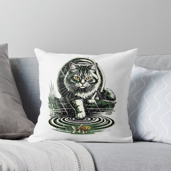 Item preview, Vintage Woodcut Cat Fishing Ripples Goldfish Tabby Cat Design designed and sold by JaPanAnimeSh8.