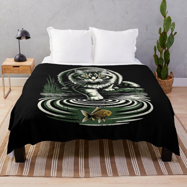 Item preview, Vintage Woodcut Cat Fishing Ripples Goldfish Tabby Cat Design designed and sold by JaPanAnimeSh8.