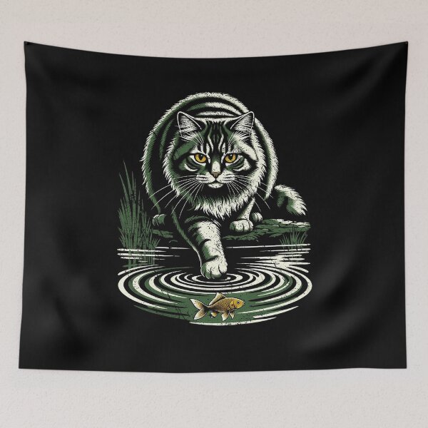 Item preview, Vintage Woodcut Cat Fishing Ripples Goldfish Tabby Cat Design designed and sold by JaPanAnimeSh8.