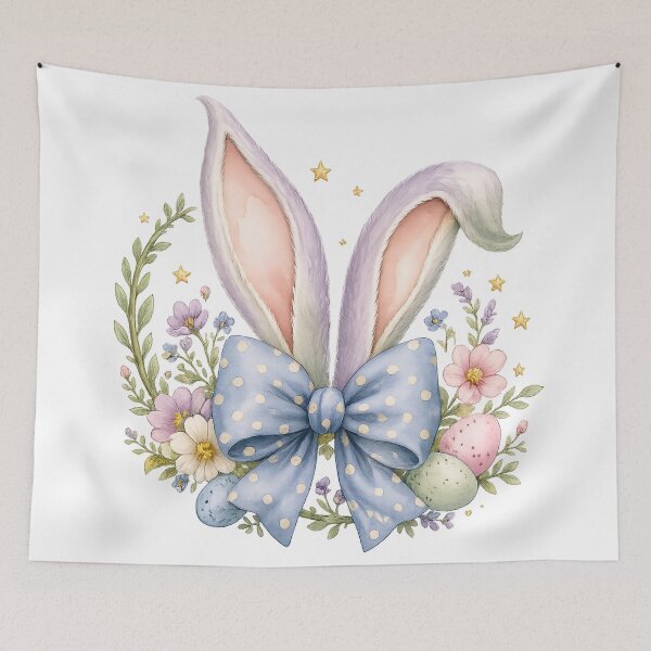 Item preview, Pastel Bunny Ears Easter Bow Spring Flowers Cottagecore Watercolor Art designed and sold by inkoutninja.