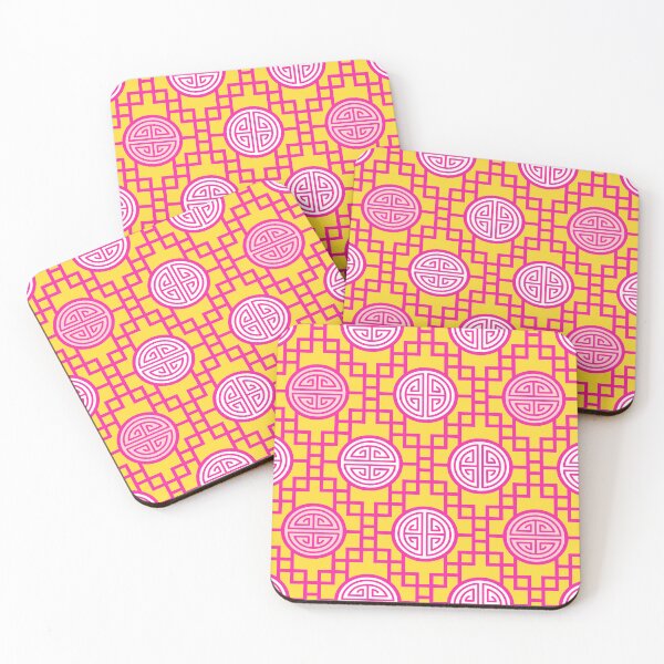 Item preview, Chinese Geometric Shou Symbols Pink White on Yellow designed and sold by Pinkdeer Designs.