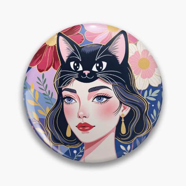 Item preview, Woman with Black Cat – Colorful Floral Portrait Art designed and sold by QQQueen.