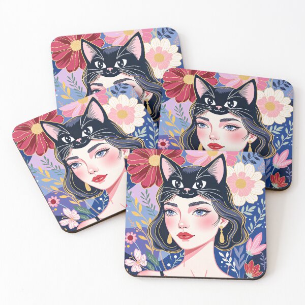 Item preview, Woman with Black Cat – Colorful Floral Portrait Art designed and sold by QQQueen.