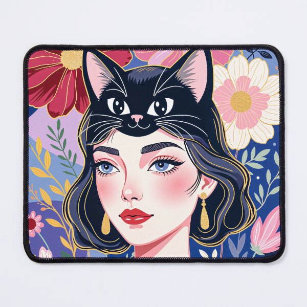 Item preview, Woman with Black Cat – Colorful Floral Portrait Art designed and sold by QQQueen.