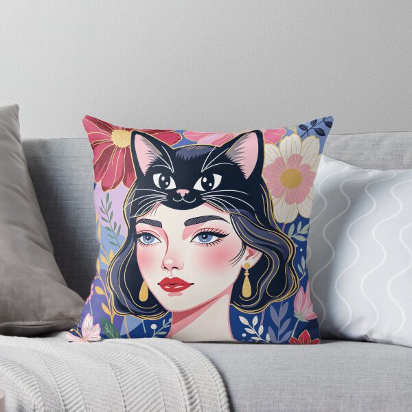Item preview, Woman with Black Cat – Colorful Floral Portrait Art designed and sold by QQQueen.