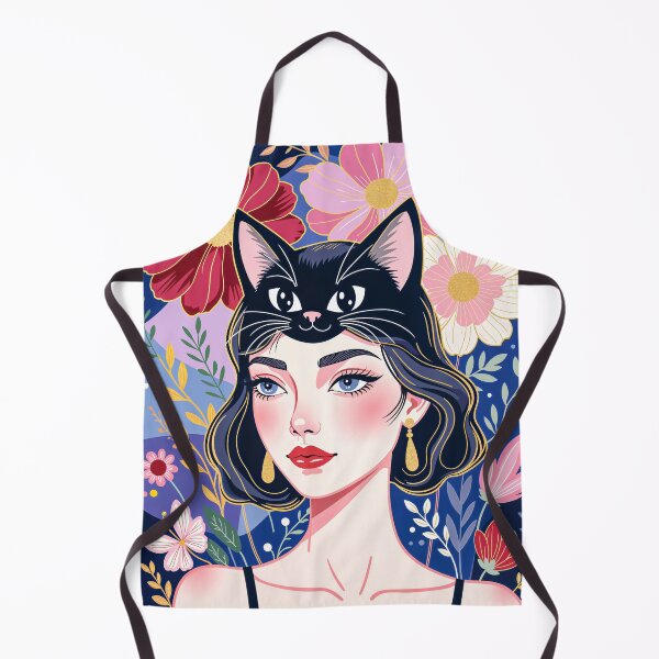 Item preview, Woman with Black Cat – Colorful Floral Portrait Art designed and sold by QQQueen.