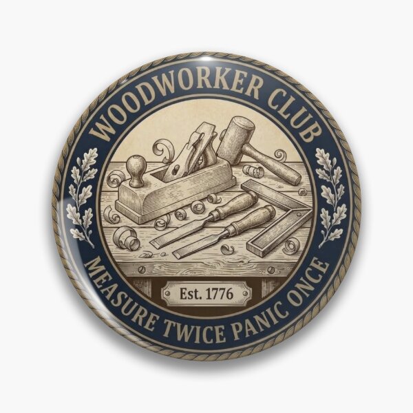 Item preview, Woodworker Club Measure Twice Panic Once Badge designed and sold by CalmCapy Co.