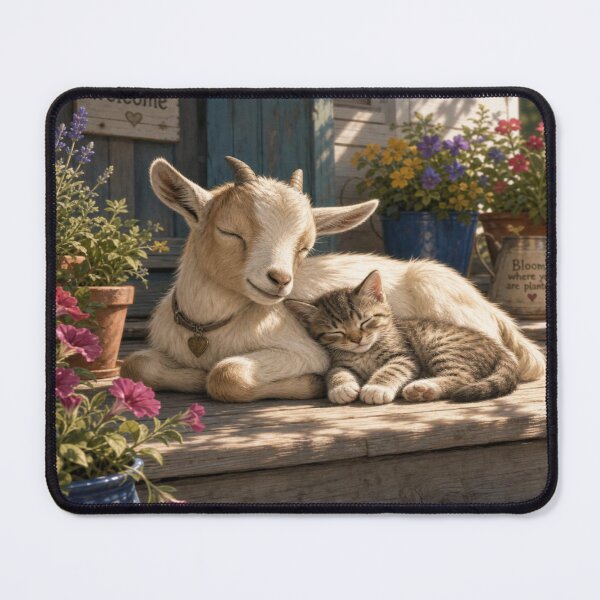 Item preview, Cottagecore Animal Art: Goat Kid and Tabby Cat Cuddling, Farmhouse Decor designed and sold by SpazticGoat.