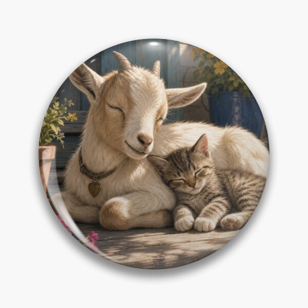 Item preview, Cottagecore Animal Art: Goat Kid and Tabby Cat Cuddling, Farmhouse Decor designed and sold by SpazticGoat.