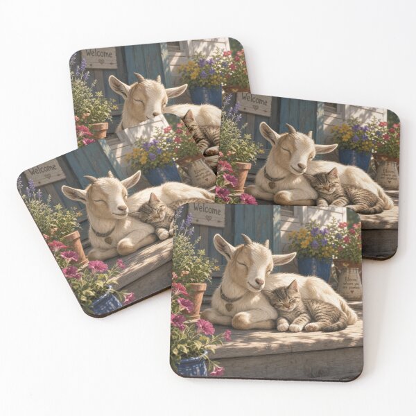 Item preview, Cottagecore Animal Art: Goat Kid and Tabby Cat Cuddling, Farmhouse Decor designed and sold by SpazticGoat.