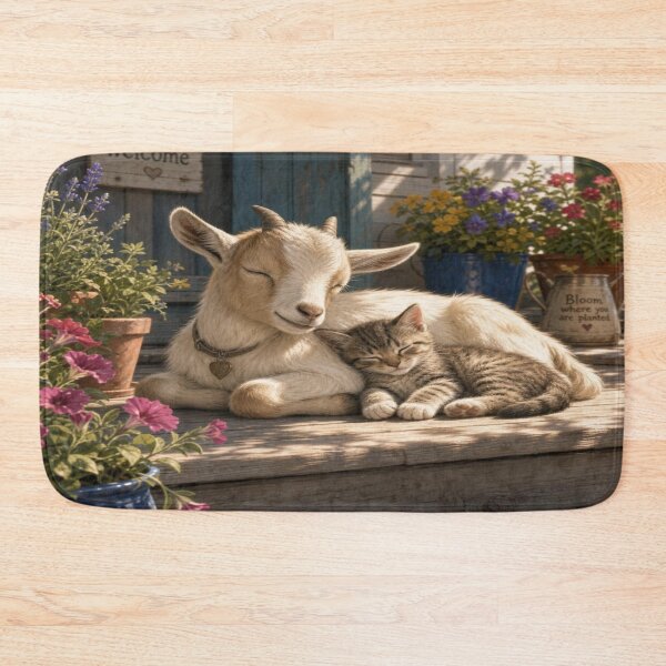 Item preview, Cottagecore Animal Art: Goat Kid and Tabby Cat Cuddling, Farmhouse Decor designed and sold by SpazticGoat.