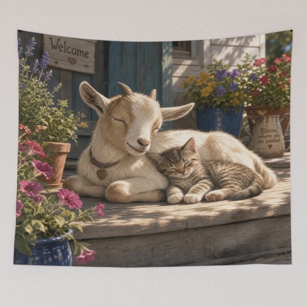 Item preview, Cottagecore Animal Art: Goat Kid and Tabby Cat Cuddling, Farmhouse Decor designed and sold by SpazticGoat.