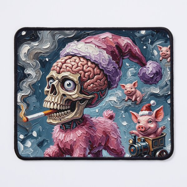 Item preview, Smoking Skull Brain Creature Christmas Pig Train Impasto Art designed and sold by LujziWorld.