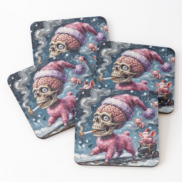 Item preview, Smoking Skull Brain Creature Christmas Pig Train Impasto Art designed and sold by LujziWorld.