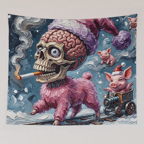 Item preview, Smoking Skull Brain Creature Christmas Pig Train Impasto Art designed and sold by LujziWorld.