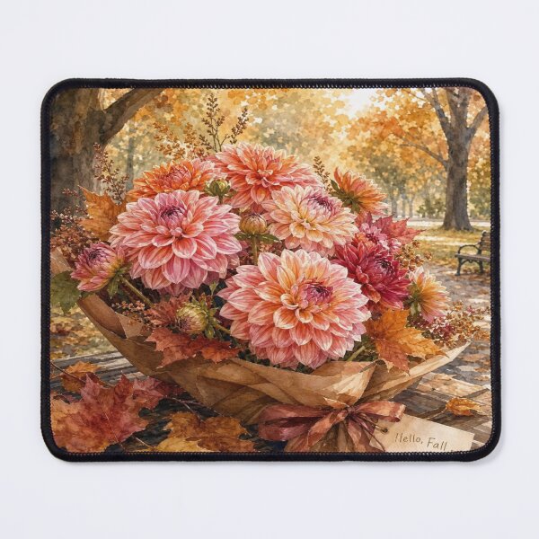 Item preview, Autumn Floral Bouquet Watercolor Art, Pink Dahlias and Maple Leaves designed and sold by SpazticGoat.