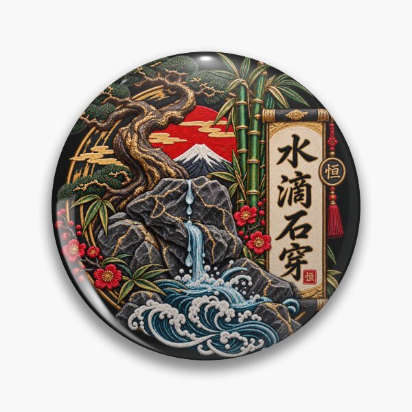 Item preview, Chinese Proverb Embroidery – 水滴石穿 Dripping Water Pierces Stone Art designed and sold by Emoji Emblems.