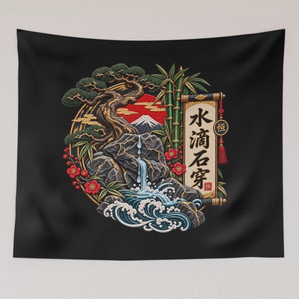 Item preview, Chinese Proverb Embroidery – 水滴石穿 Dripping Water Pierces Stone Art designed and sold by Emoji Emblems.