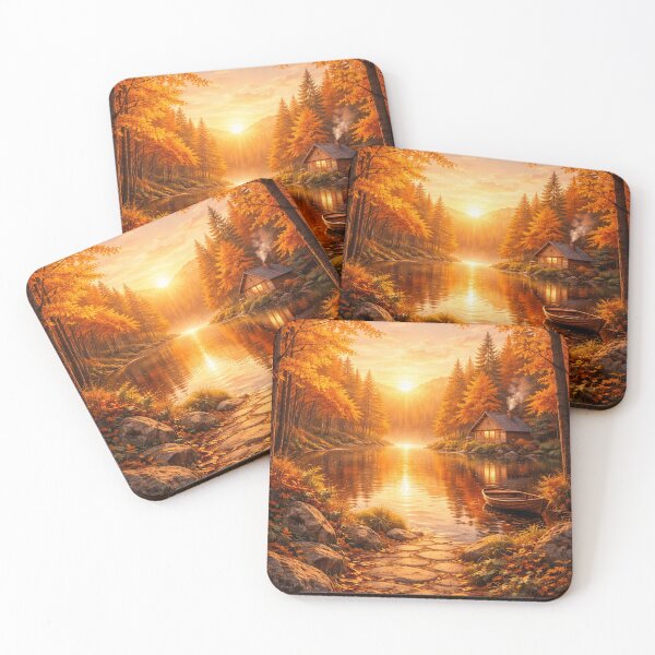 Item preview, Golden Autumn Retreat – Cozy Cabin Lake Sunrise Art designed and sold by Alphakenon.