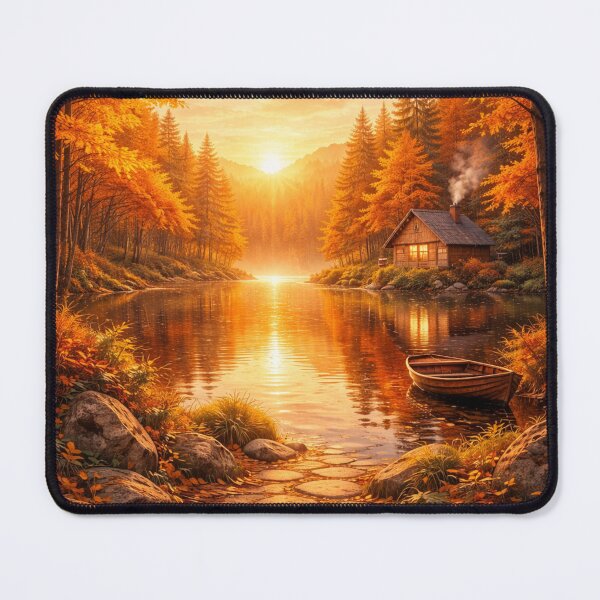 Item preview, Golden Autumn Retreat – Cozy Cabin Lake Sunrise Art designed and sold by Alphakenon.