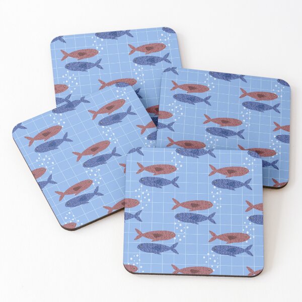 Item preview, Retro Blue and Coral Fish Geometric Grid Pattern designed and sold by Almanzart.