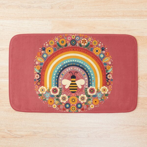 Item preview, Scandinavian Folk Art Cute Bee and Rainbow with Folk Flowers by heidiannemorris © designed and sold by FOLK ART FUSION.
