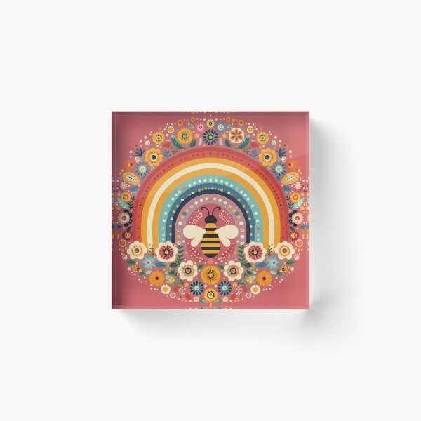 Item preview, Scandinavian Folk Art Cute Bee and Rainbow with Folk Flowers by heidiannemorris © designed and sold by FOLK ART FUSION.