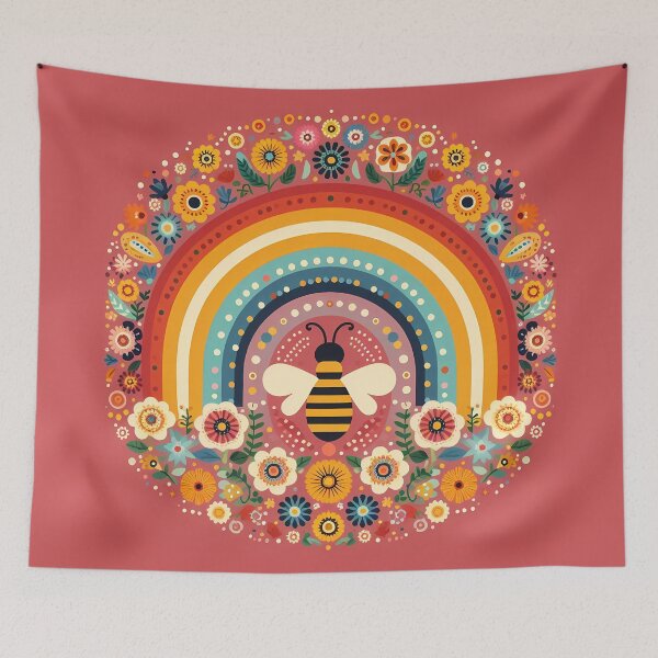 Item preview, Scandinavian Folk Art Cute Bee and Rainbow with Folk Flowers by heidiannemorris © designed and sold by FOLK ART FUSION.