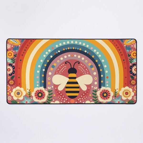 Item preview, Scandinavian Folk Art Cute Bee and Rainbow with Folk Flowers by heidiannemorris © designed and sold by FOLK ART FUSION.