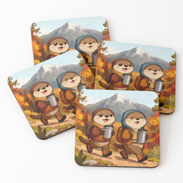Item preview, Autumn Mountain Hike - Cute Sea Otter Duo with Tumblers designed and sold by Otterbean.