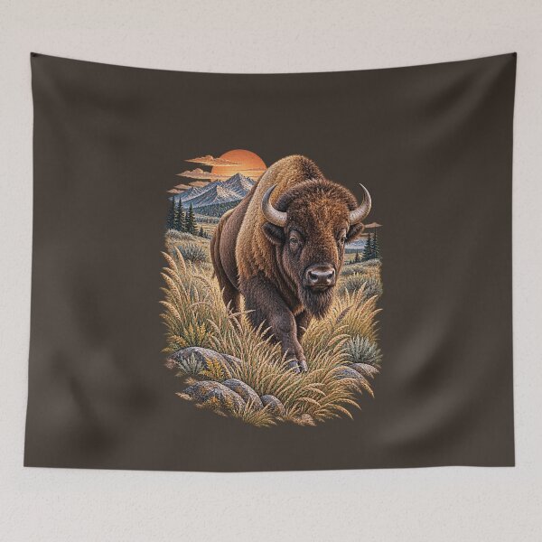 Item preview, Bison Prairie Mountain Sunset Vintage Wildlife designed and sold by BROHLine Studio.