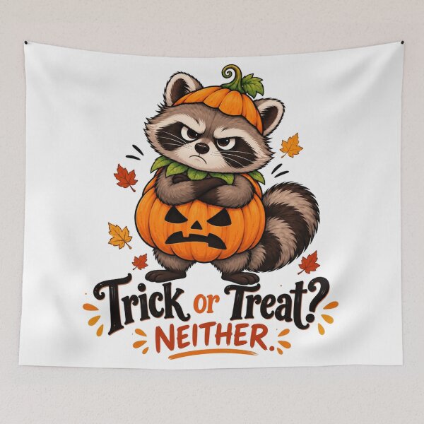 Item preview, Trick or treat? Neither! – Funny Halloween Raccoon designed and sold by LittleGinnyArt.