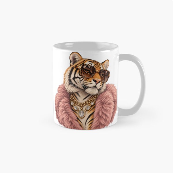 Aperçu de l'œuvre Glamorous Tiger in Pink Fur Coat Fashion Animal Portrait créée et vendue par OUICHA.