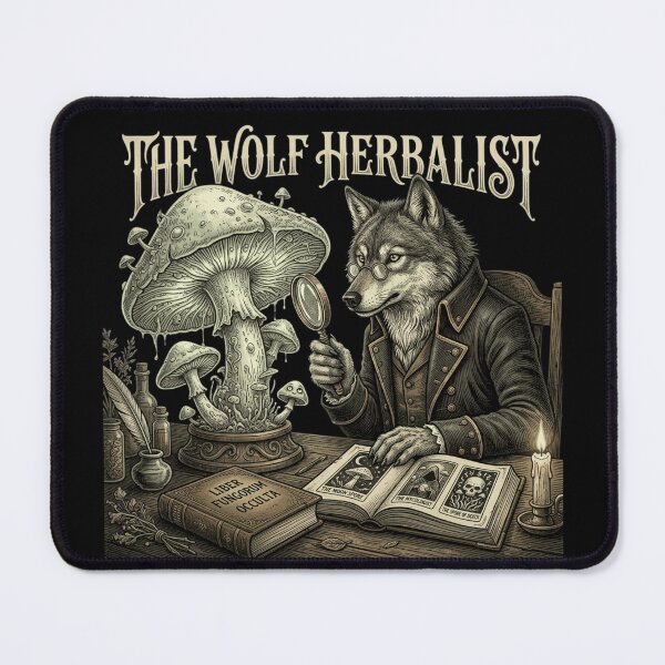 Item preview, The Wolf Herbalist – Gothic Mushroom Occult Scholar designed and sold by printedartgoods.