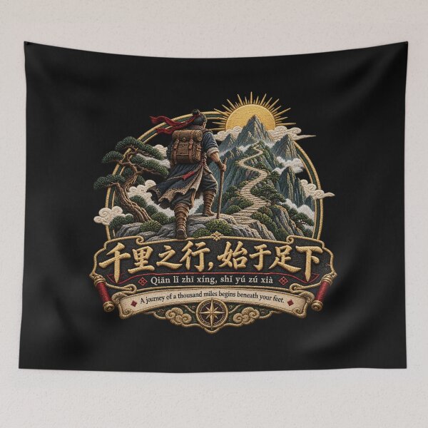 Item preview, Chinese Proverb Embroidery – Journey of a Thousand Miles Mountain Adventure Art designed and sold by Emoji Emblems.