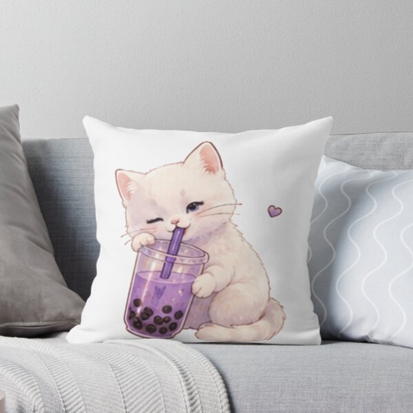 Item preview, Cute White Cat Drinking Purple Boba – Kawaii Bubble Tea designed and sold by Kiralemon.
