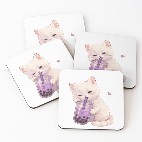 Item preview, Cute White Cat Drinking Purple Boba – Kawaii Bubble Tea designed and sold by Kiralemon.