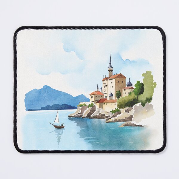Item preview, Watercolour seaside fortress village - blue sea designed and sold by moteemade.