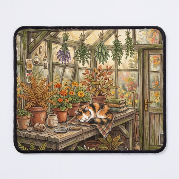 Item preview, Autumn Greenhouse and Sleeping Cat - Cozy Storybook Illustration designed and sold by MissoStudio.